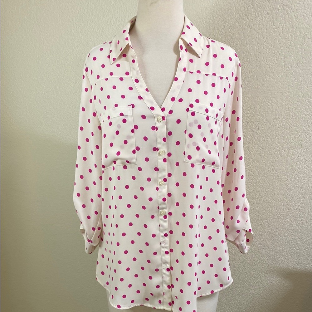 Polka Dot Button-Down Blouse - White with Pink Dots